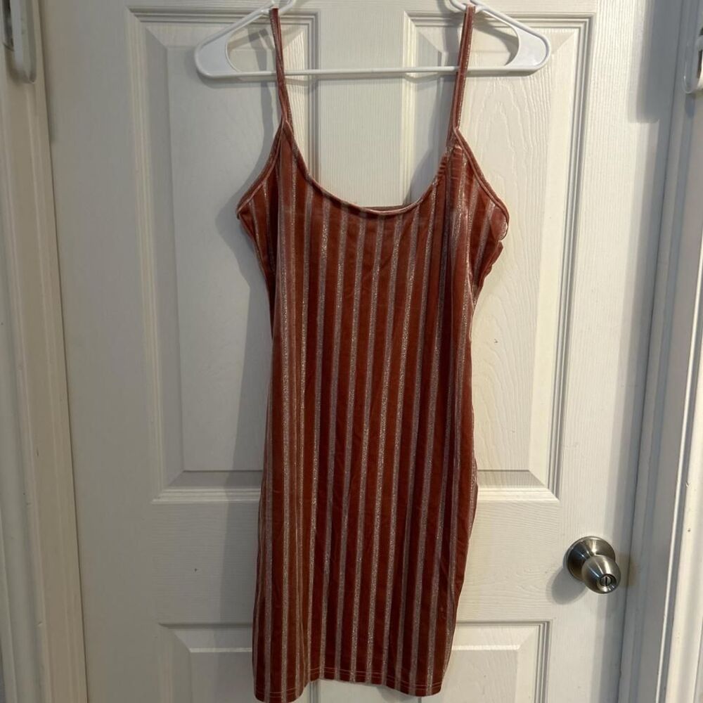 SHEIN Women's Pink and Silver Striped Velvet Slip Mini Dress Size 6